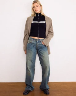 Motel Rocks Jackets-Talisa Zip Through Jacket in Black with White Stripe BlackwithWhiteStripe