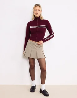 Motel Rocks Jackets-Talisa Zip Through Jacket in Maroon with White Stripe MaroonwithWhiteStripe