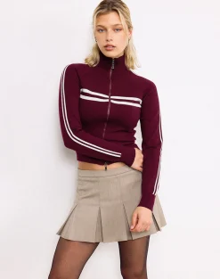 Motel Rocks Jackets-Talisa Zip Through Jacket in Maroon with White Stripe MaroonwithWhiteStripe