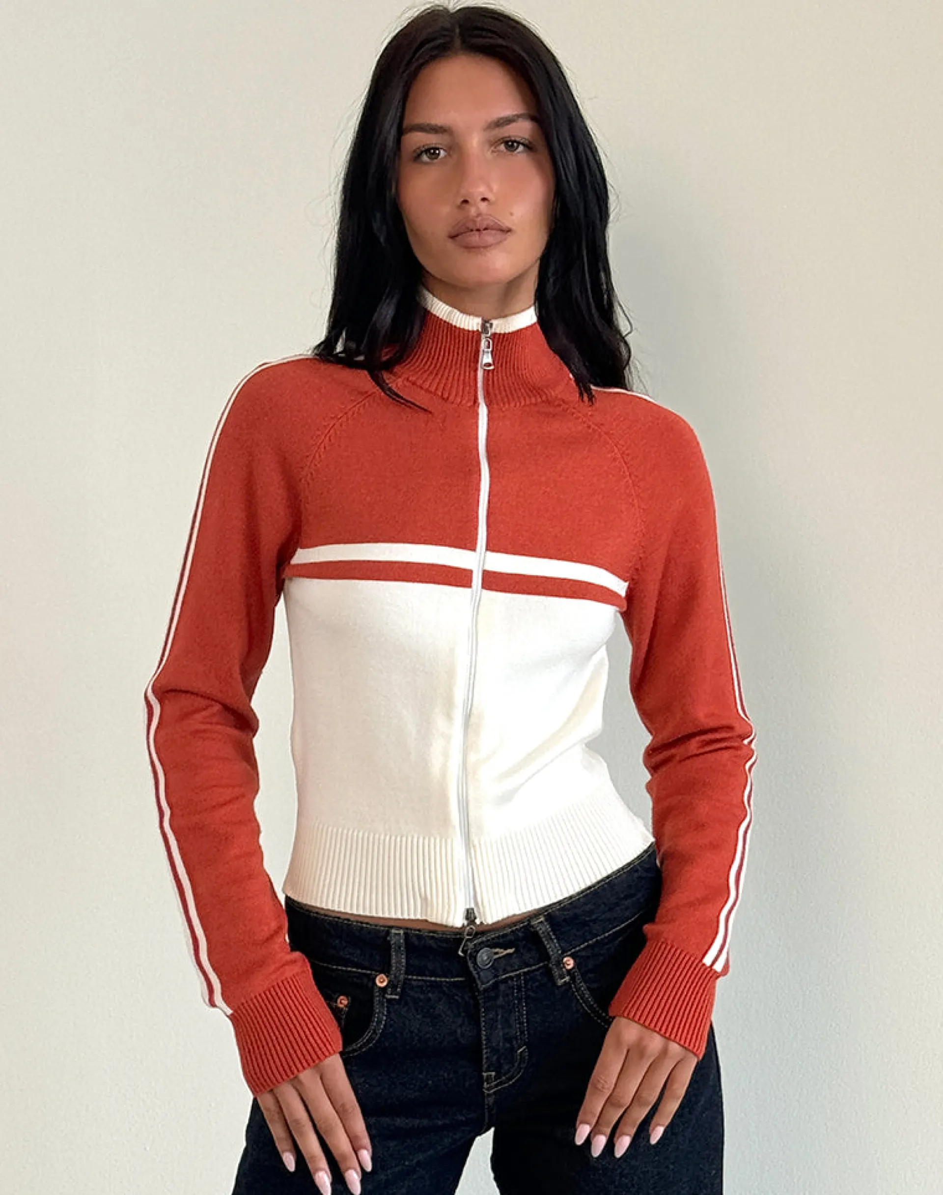Motel Rocks Jackets-Talya Jacket in Panel Red with White PanelRedwithWhite