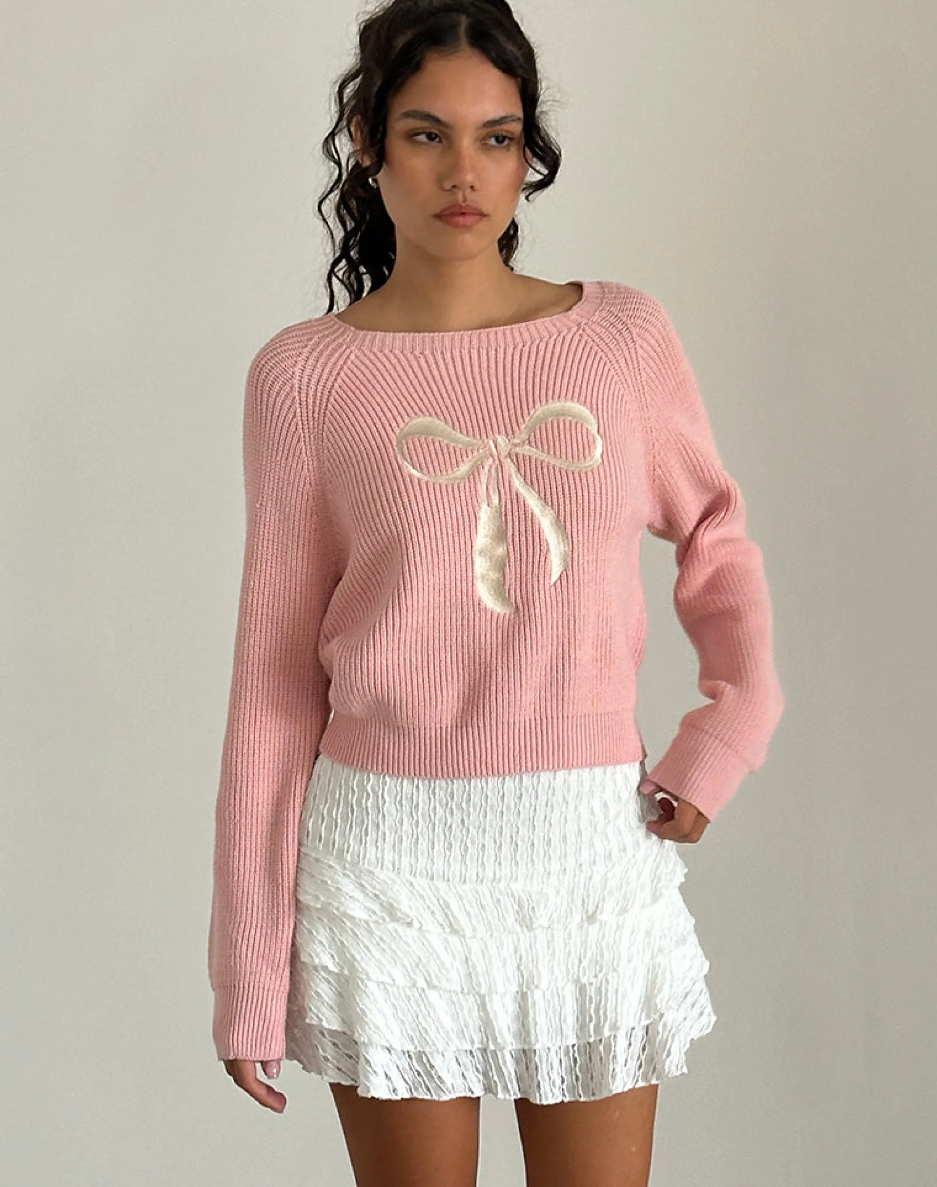 Motel Rocks Jumpers-Tami Jumper in Knit Pink with White Bow Embroidery