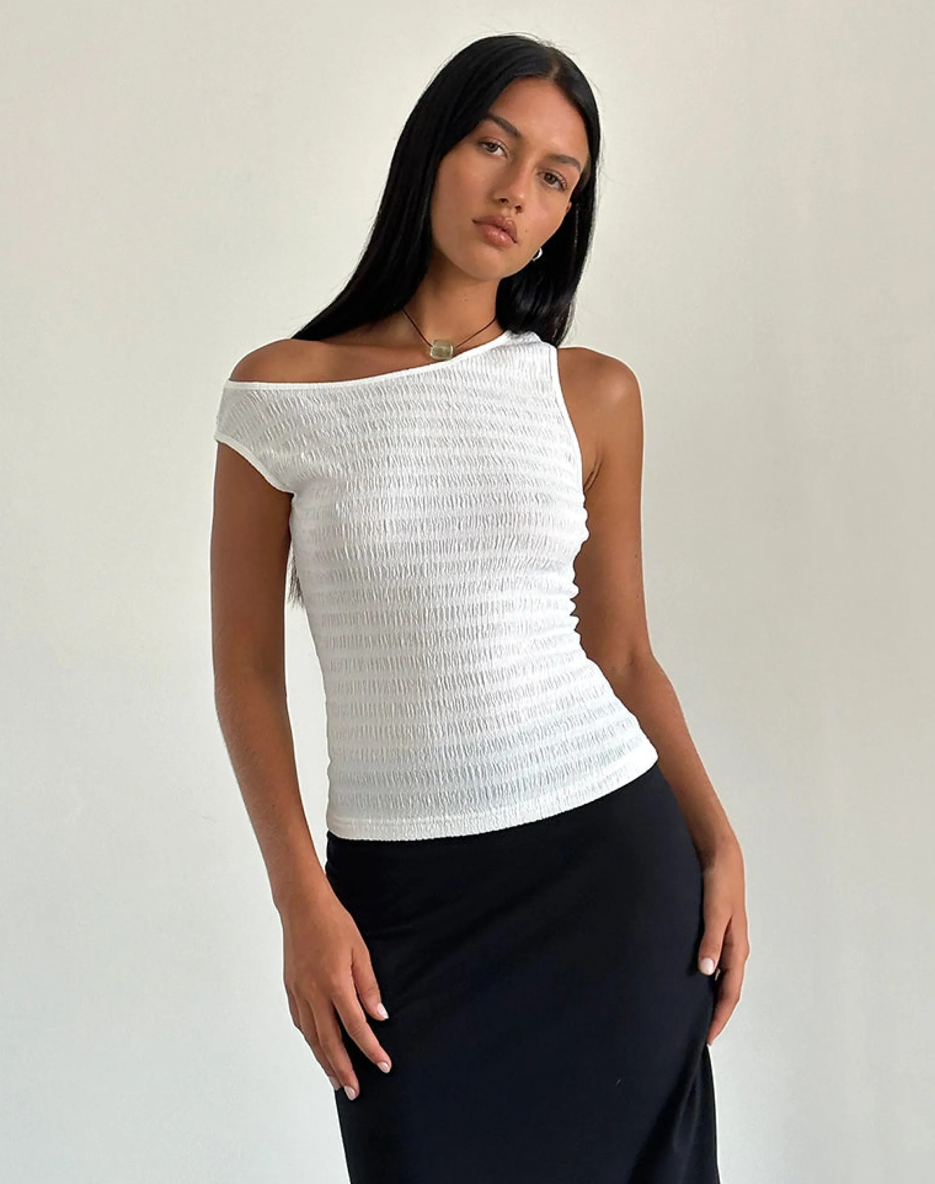 Motel Rocks Basic Tops | Going Out Tops-Tamia Asymmetric Top in Crinkle White CrinkleWhite