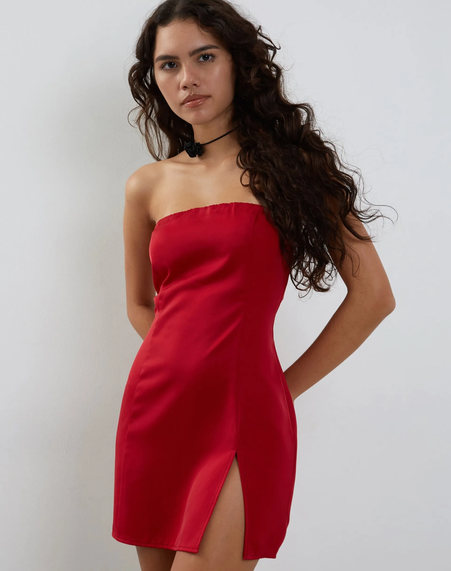 Motel Rocks Mini Dresses-Tannesa Bandeau Mini Dress in Deep Red Satin deepred