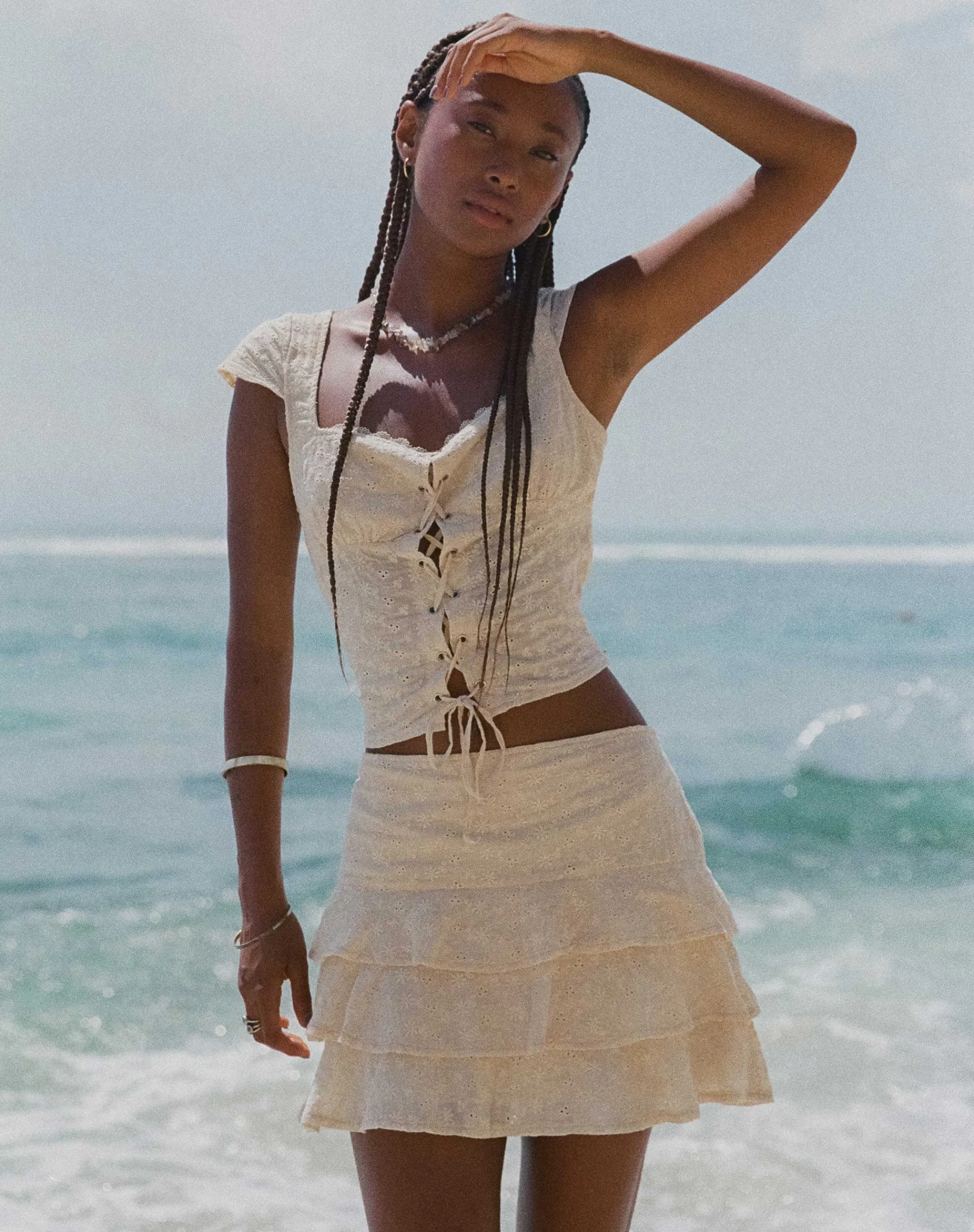 Motel Rocks Corset Tops | Going Out Tops-Tanya Broderie Corset Top in Broderie Blush