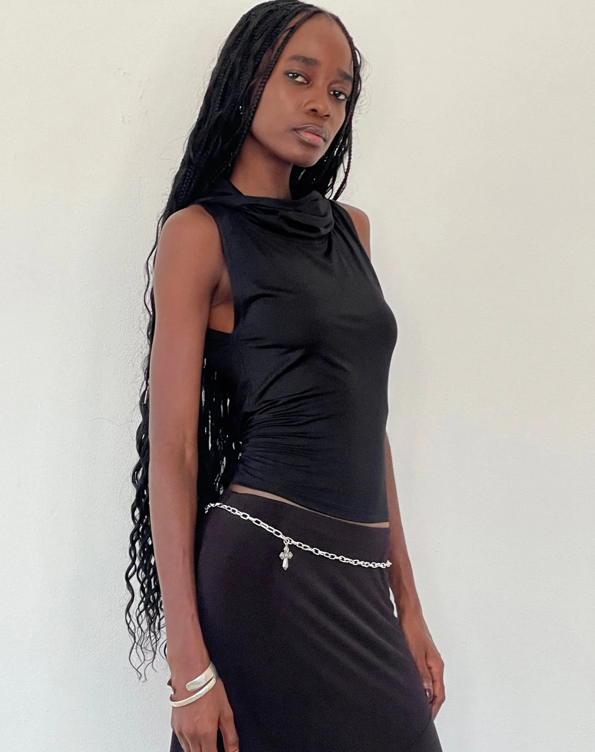 Motel Rocks Basics | Basic Tops-Tapia Hooded Tank Top in Black Slinky