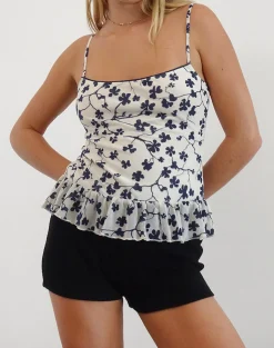Motel Rocks Printed Tops | Strappy Tops-Tarkam Top in Grunge Floral Flock Cream