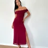 Motel Rocks Party Dresses | Maxi Dresses-Tarna Bardot Maxi Dress in Mesh Burgundy MeshBurgundy
