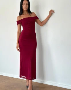 Motel Rocks Party Dresses | Maxi Dresses-Tarna Bardot Maxi Dress in Mesh Burgundy MeshBurgundy
