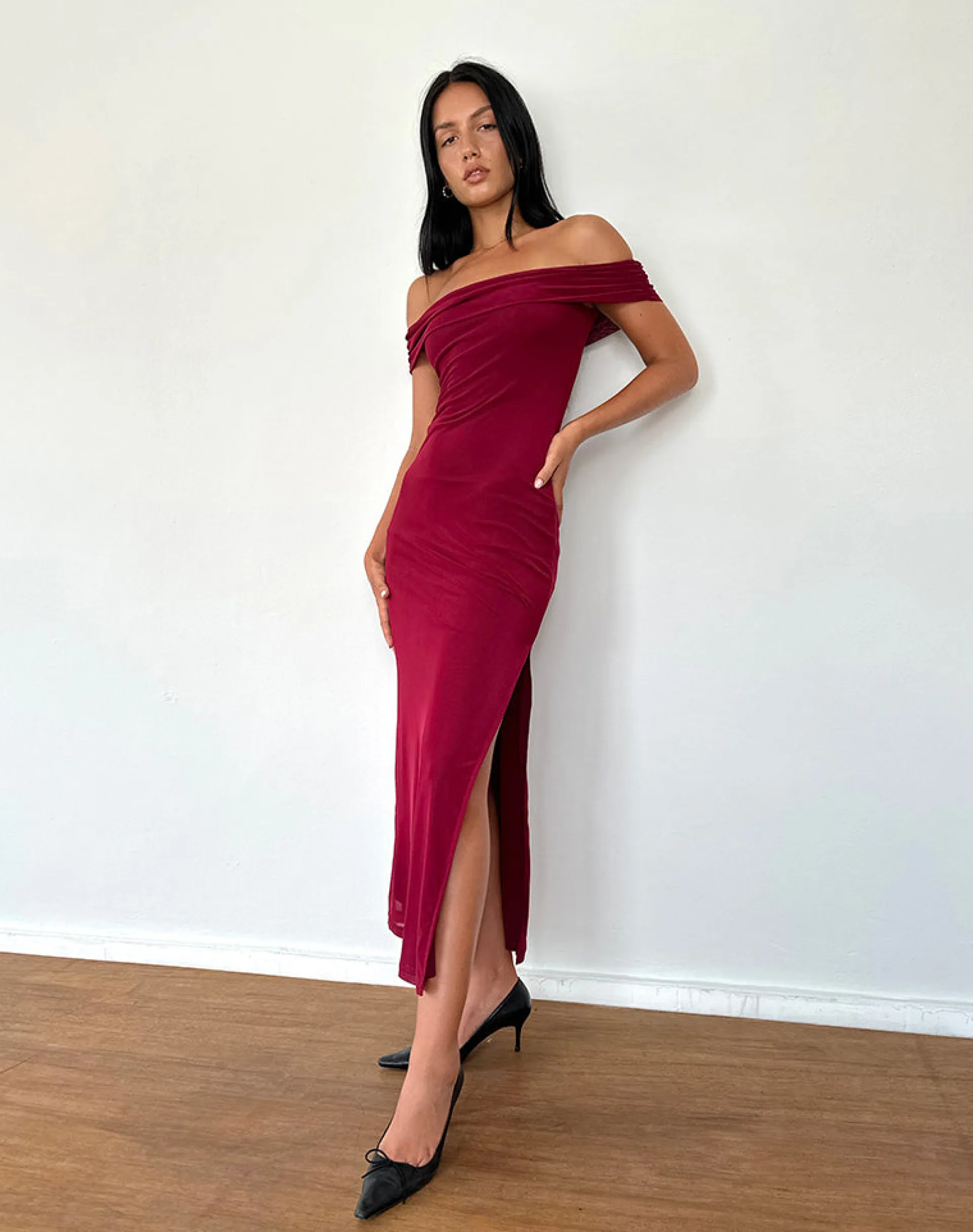 Motel Rocks Party Dresses | Maxi Dresses-Tarna Bardot Maxi Dress in Mesh Burgundy MeshBurgundy