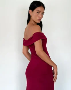 Motel Rocks Party Dresses | Maxi Dresses-Tarna Bardot Maxi Dress in Mesh Burgundy MeshBurgundy