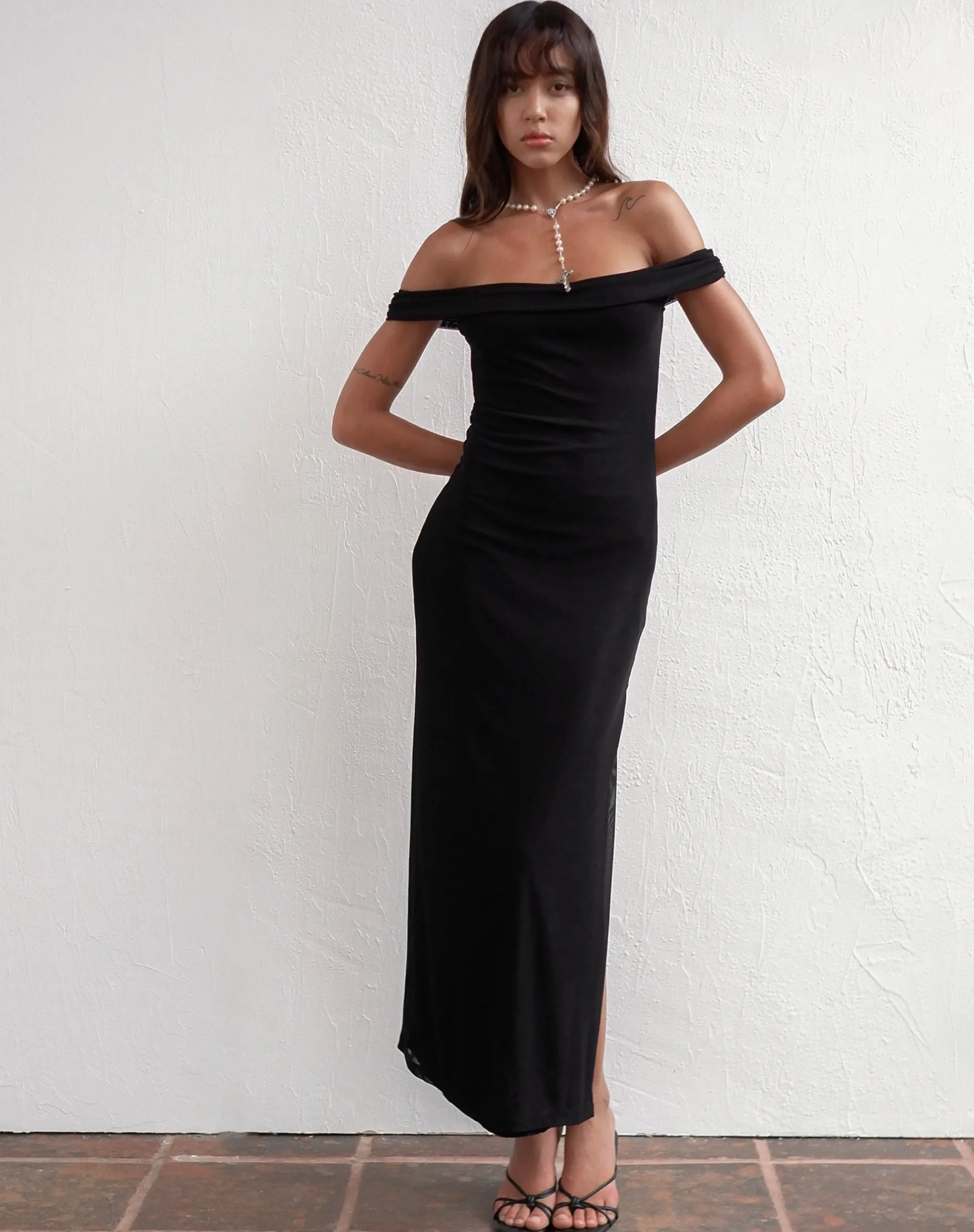 Motel Rocks Bodycon Dresses | Party Dresses-Tarna Bardot Maxi Dress in Mesh Black MeshBlack