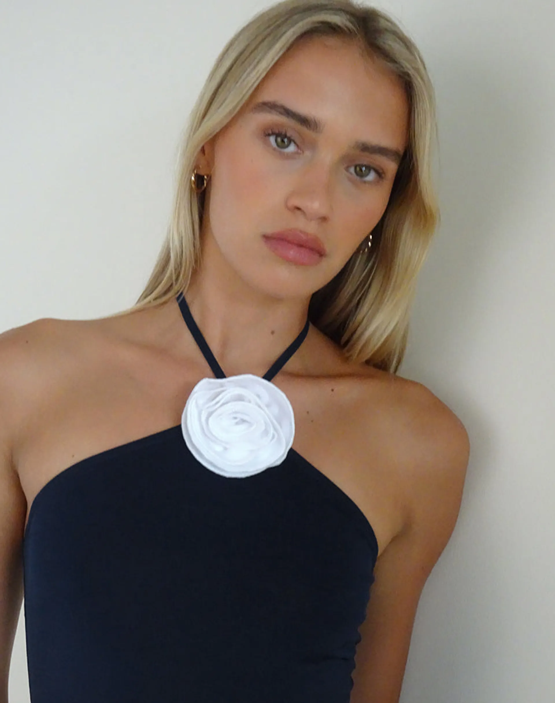 Motel Rocks Basics | Basic Tops-Tarrina Halterneck Top in Dark Navy with White Rosette