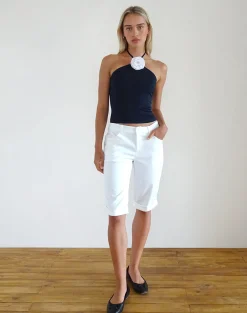 Motel Rocks Basics | Basic Tops-Tarrina Halterneck Top in Dark Navy with White Rosette
