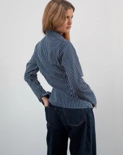Motel Rocks Shirts And Blouses | Printed Tops-Tarsi Fitted Shirt in Mono Stripe Navy