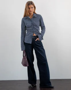 Motel Rocks Shirts And Blouses | Printed Tops-Tarsi Fitted Shirt in Mono Stripe Navy