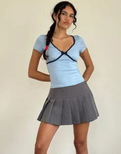 Motel Rocks Basic Tops | Tees-Tasina Top in Nantucket Blue with Navy Binding NantucketBluewithNavyBinding