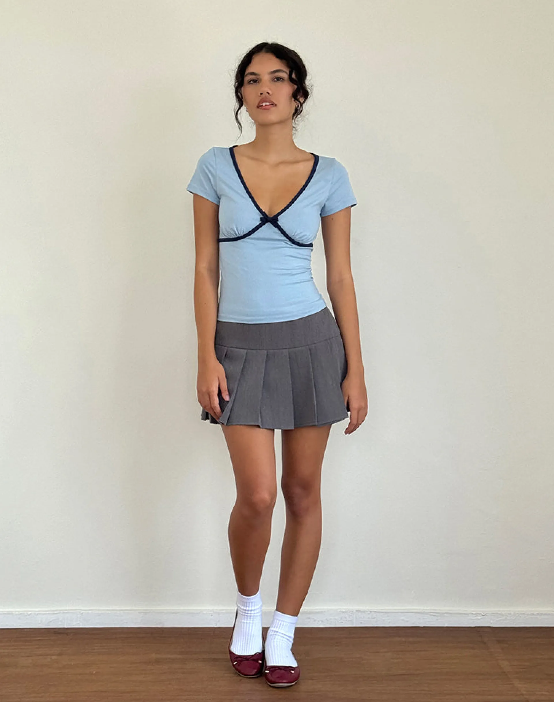 Motel Rocks Basic Tops | Tees-Tasina Top in Nantucket Blue with Navy Binding NantucketBluewithNavyBinding
