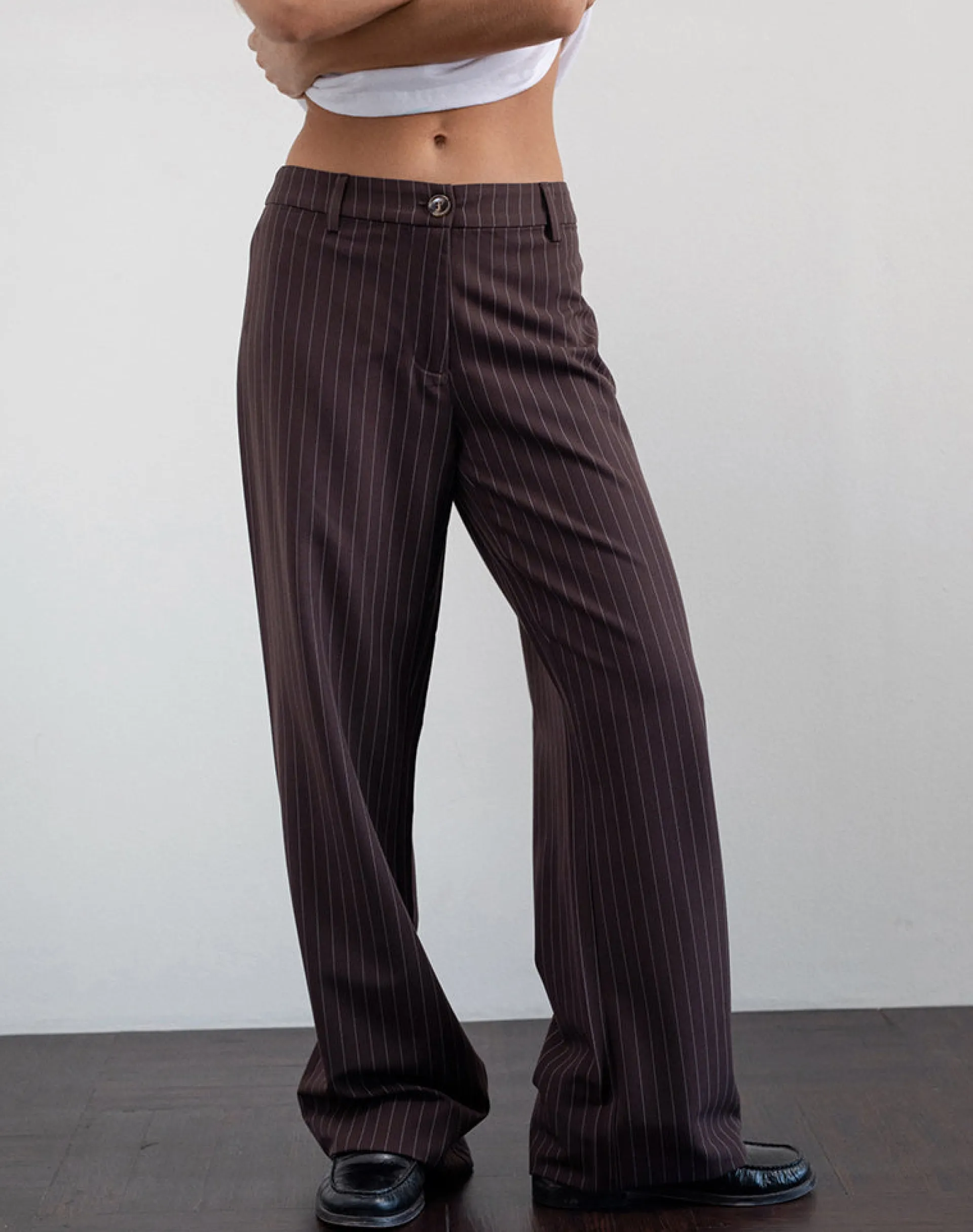 Motel Rocks Tailoring | Low Rise Pants-Tatina Smart Trouser in Brown Pinstripe Tailoring