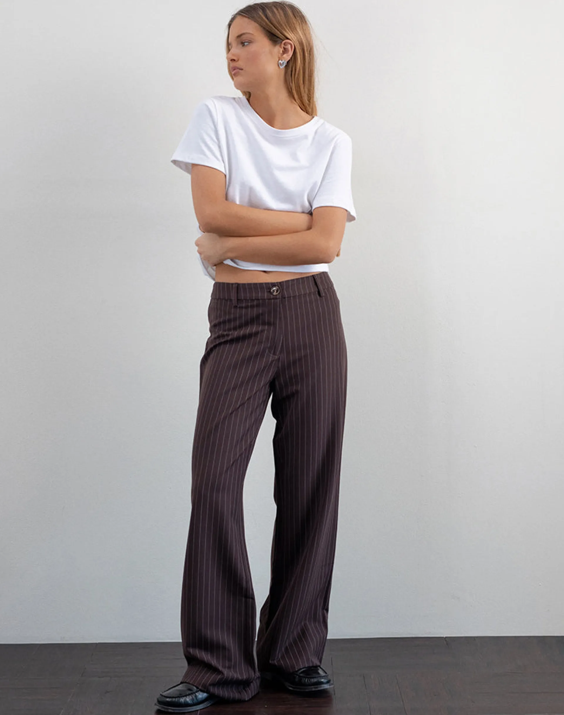 Motel Rocks Tailoring | Low Rise Pants-Tatina Smart Trouser in Brown Pinstripe Tailoring