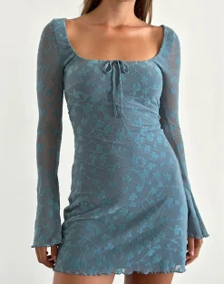 Motel Rocks Day Dresses | Bodycon Dresses-Tatyana Mini Dress in Grunge Floral Blue Grey