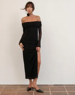 Motel Rocks Party Dresses-Terika Bardot Long Sleeve Maxi Dress in Mesh Black