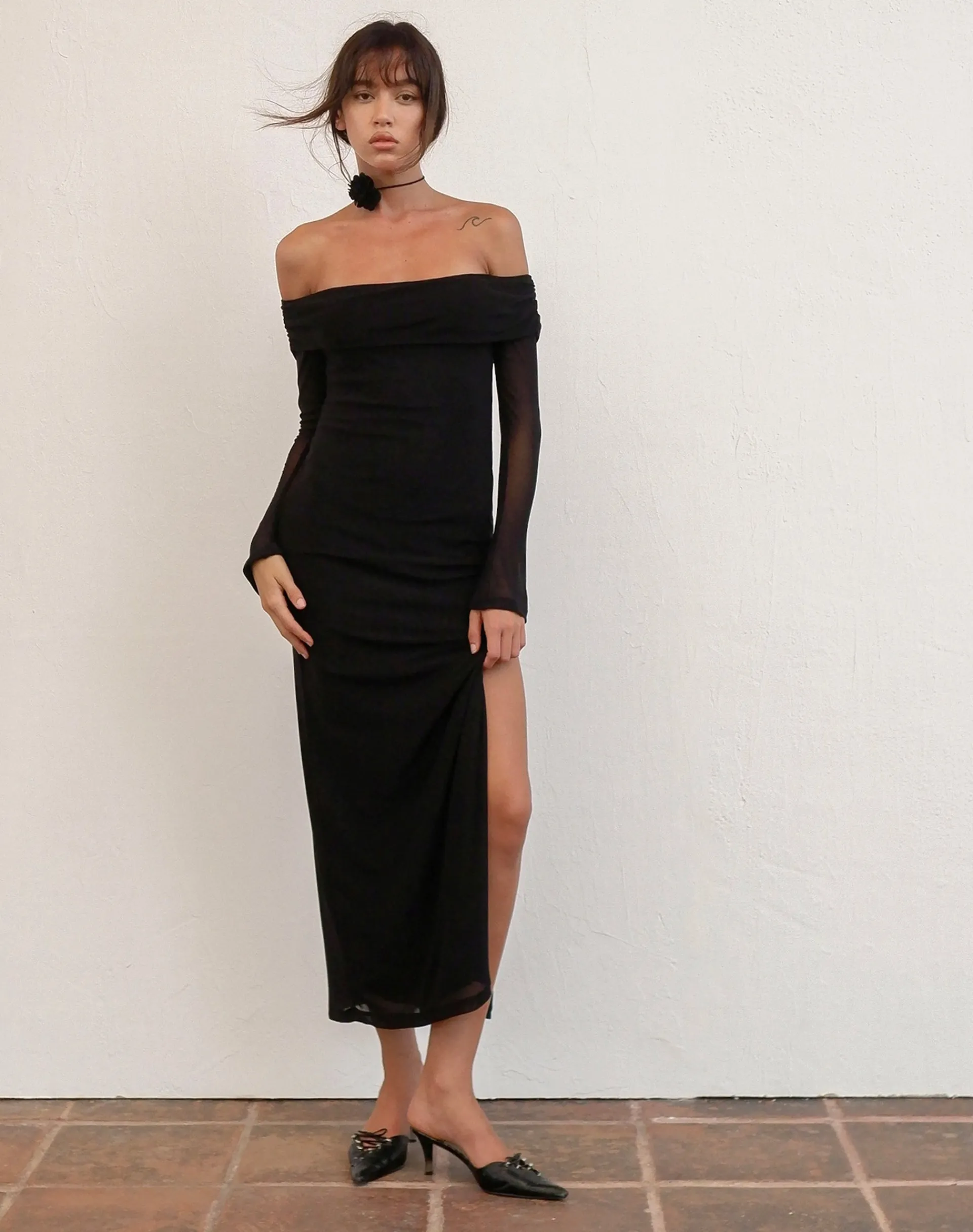 Motel Rocks Party Dresses-Terika Bardot Long Sleeve Maxi Dress in Mesh Black