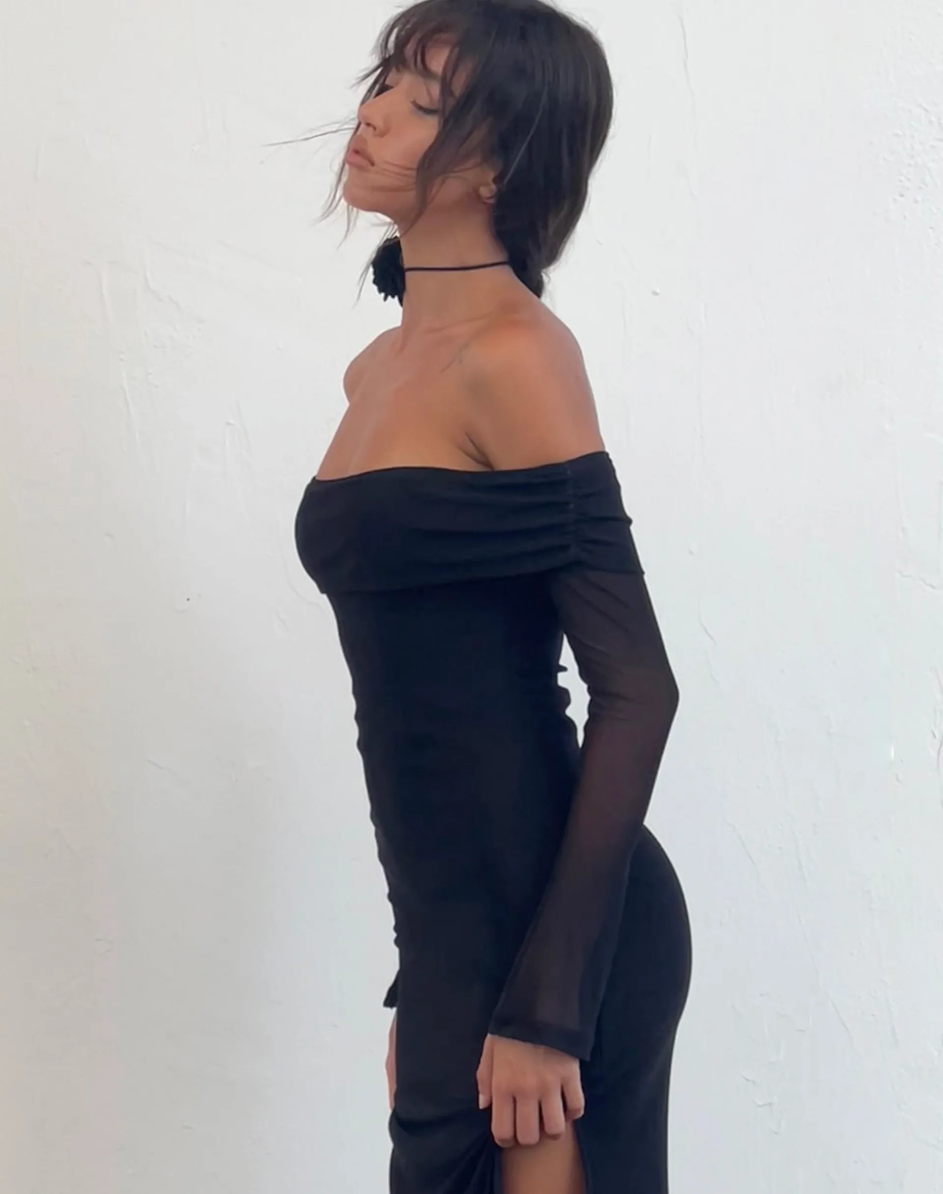 Motel Rocks Party Dresses-Terika Bardot Long Sleeve Maxi Dress in Mesh Black