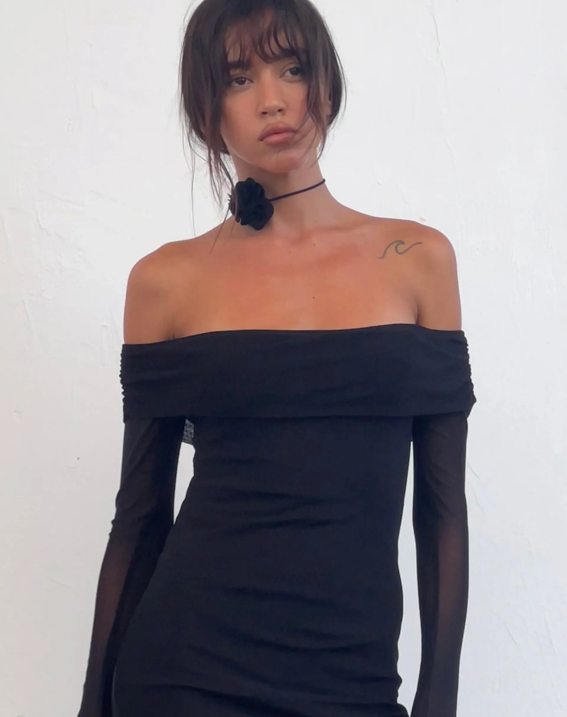 Motel Rocks Party Dresses-Terika Bardot Long Sleeve Maxi Dress in Mesh Black