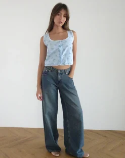 Motel Rocks Co-Ords | Strappy Tops-Ternya Top in Blue Flower Gingham