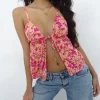 Motel Rocks Printed Tops | Strappy Tops-Tezza Tie Front Cami Top in Dark Wild Flower Cantaloupe