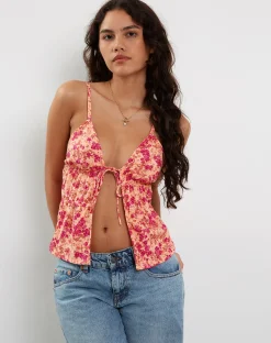 Motel Rocks Printed Tops | Strappy Tops-Tezza Tie Front Cami Top in Dark Wild Flower Cantaloupe