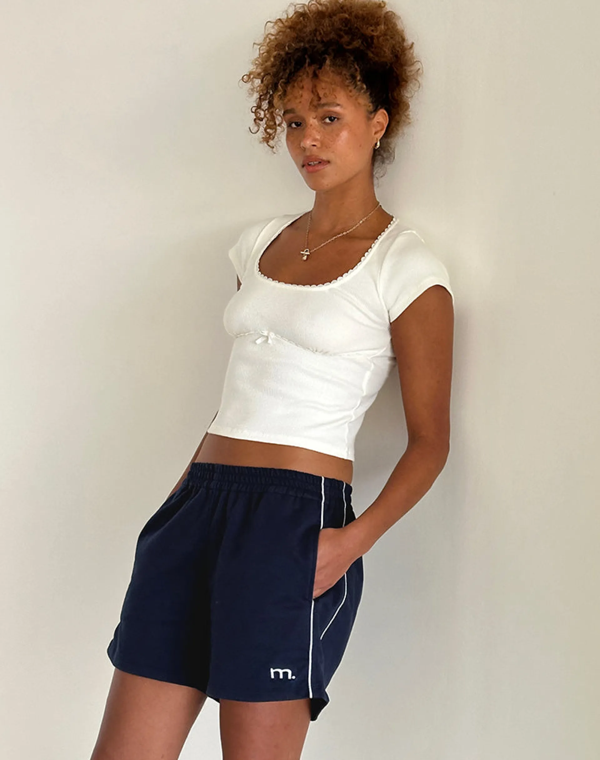 Motel Rocks Loungewear-Thera Short in Navy with White Piping with M Emb NavywithWhitePipingwithMEmb
