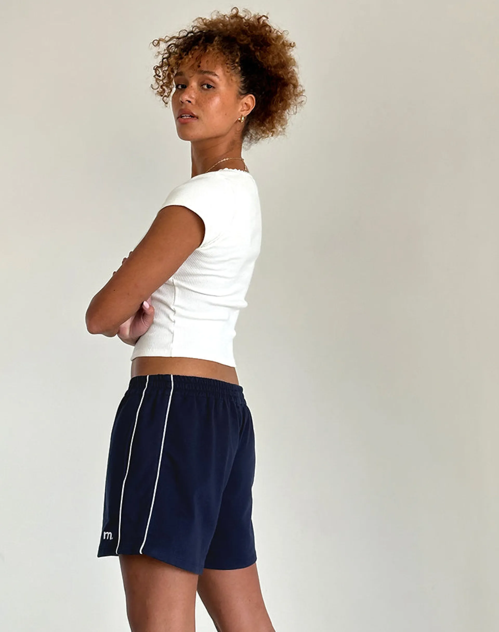 Motel Rocks Loungewear-Thera Short in Navy with White Piping with M Emb NavywithWhitePipingwithMEmb