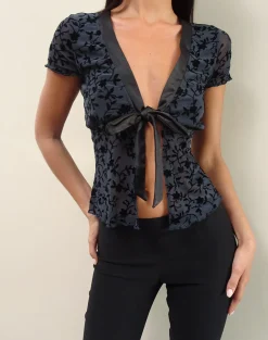 Motel Rocks Printed Tops | Going Out Tops-Tifu Tie Top in Navy Pretty Petal Flock
