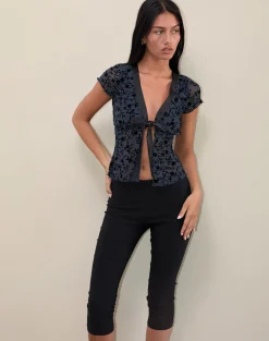 Motel Rocks Printed Tops | Going Out Tops-Tifu Tie Top in Navy Pretty Petal Flock