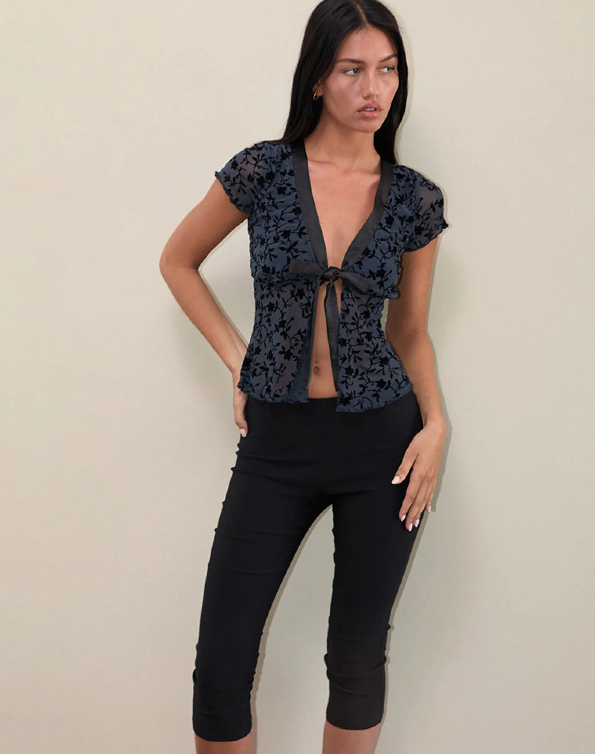 Motel Rocks Printed Tops | Going Out Tops-Tifu Tie Top in Navy Pretty Petal Flock