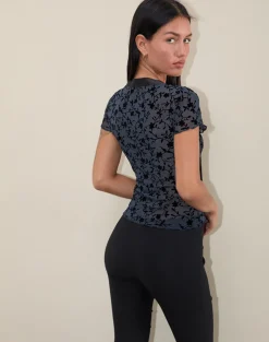 Motel Rocks Printed Tops | Going Out Tops-Tifu Tie Top in Navy Pretty Petal Flock