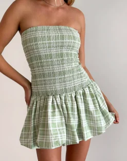 Motel Rocks Printed Dresses | Bandeau Dresses-Tilikum Mini Dress in Table Cloth Neo Mint