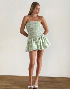 Motel Rocks Printed Dresses | Bandeau Dresses-Tilikum Mini Dress in Table Cloth Neo Mint