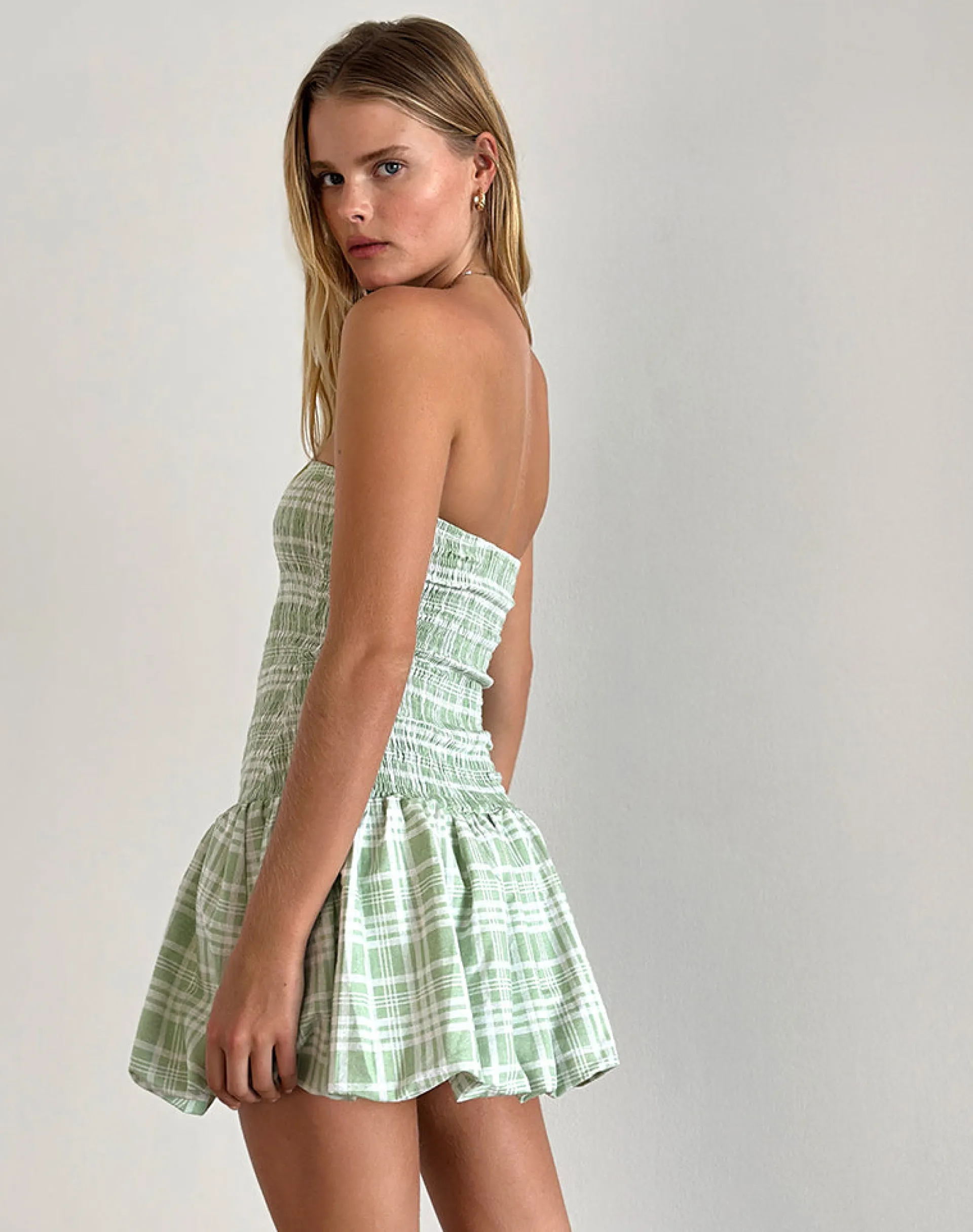 Motel Rocks Printed Dresses | Bandeau Dresses-Tilikum Mini Dress in Table Cloth Neo Mint