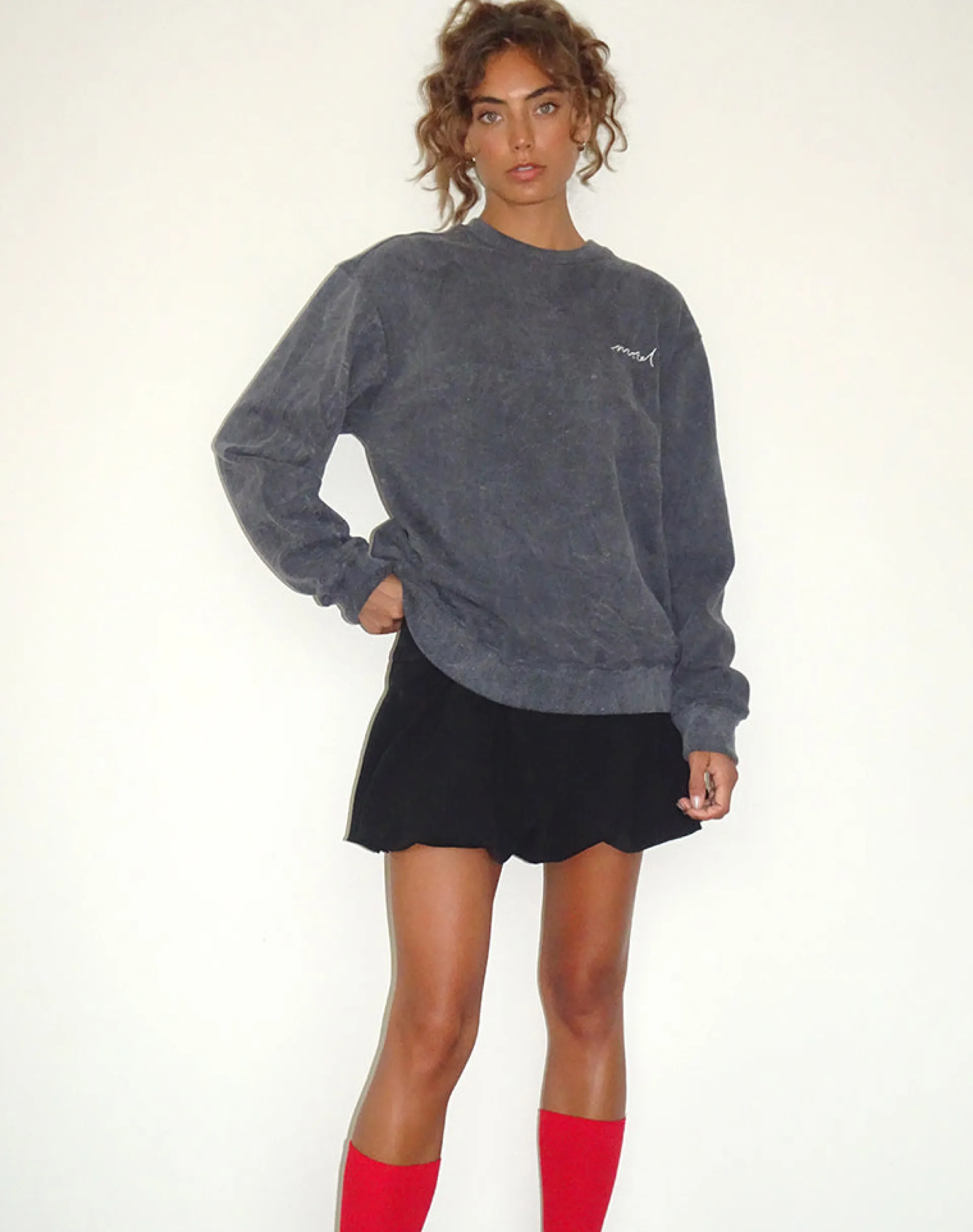 Motel Rocks Hoodies & Sweatshirts | Co-Ords-Tillie Jumper in Black Wash with Off White 'MOTEL' Embroidery BlackWashwithOffWhite'MOTEL'Embroidery