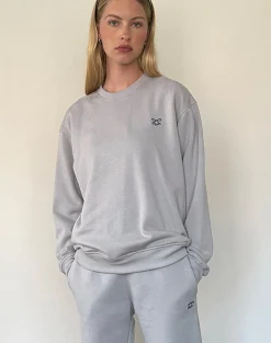 Motel Rocks Hoodies & Sweatshirts | Jumpers-Tillie Sweatshirt in Lunar Rock with Ocean Storm Bow Embroidery LunarRockwithOceanStormBowEmbroidery
