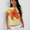 Motel Rocks Printed Tops | Tees-Tiona Baby Tee in Lemonade with Summer Flower Print