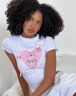 Motel Rocks Basics | Basic Tops-Tiona Cropped Tee in White with Love Bunny Print and Embroidery WhitewithLoveBunnyPrintandEmbroidery