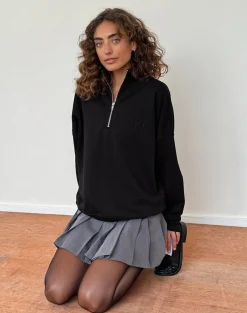 Motel Rocks Basics | Hoodies & Sweatshirts-Tirma High Neck Jumper in Tonal Black with M Embroidery