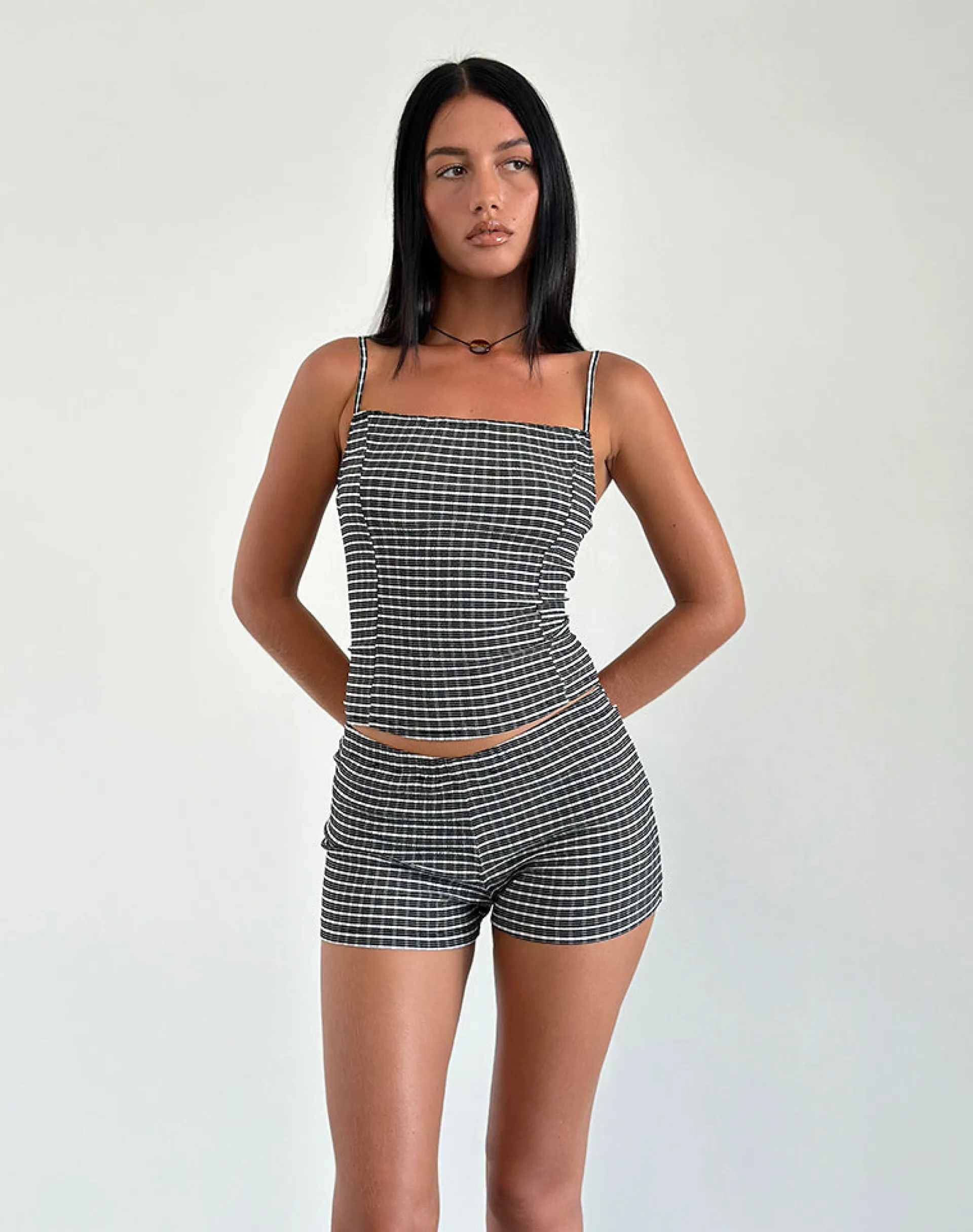 Motel Rocks Co-Ords | Printed Tops-Totori Top in Crinkle Check Black Grey CrinkleCheckBlackGrey