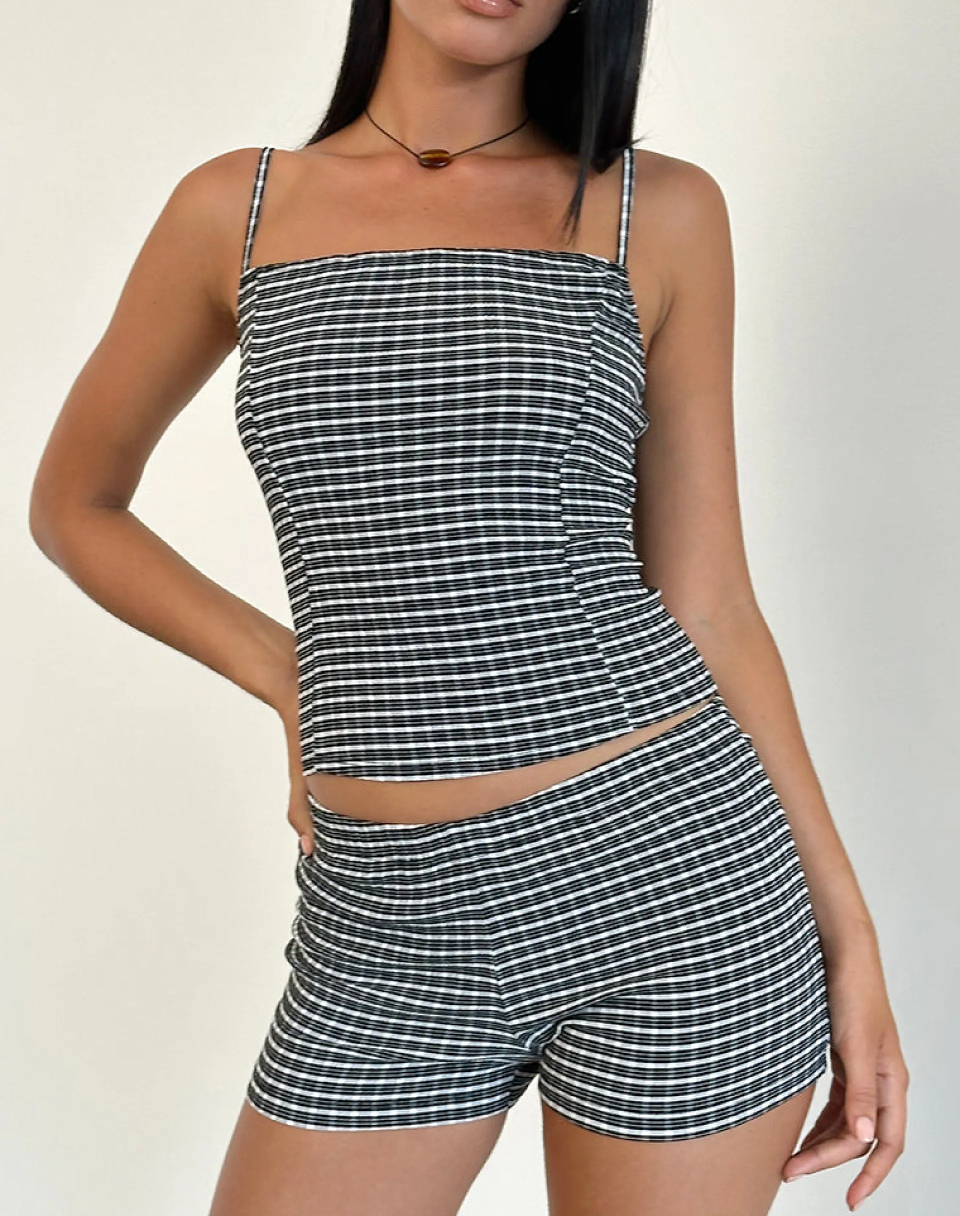 Motel Rocks Co-Ords | Printed Tops-Totori Top in Crinkle Check Black Grey CrinkleCheckBlackGrey