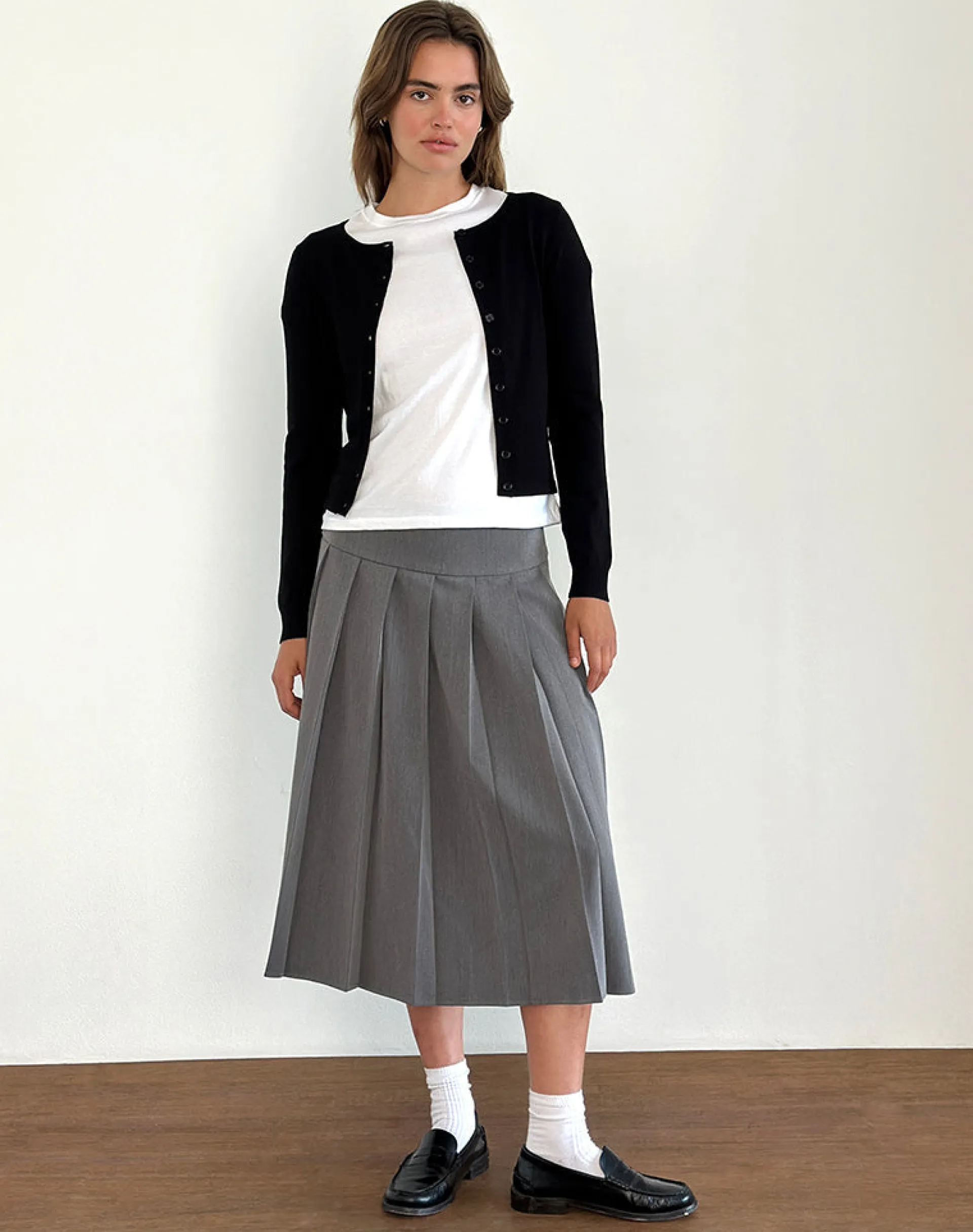 Motel Rocks Tailoring | Pleated Skirts-Trisma Pleated Midi Skirt in Charcoal Grey