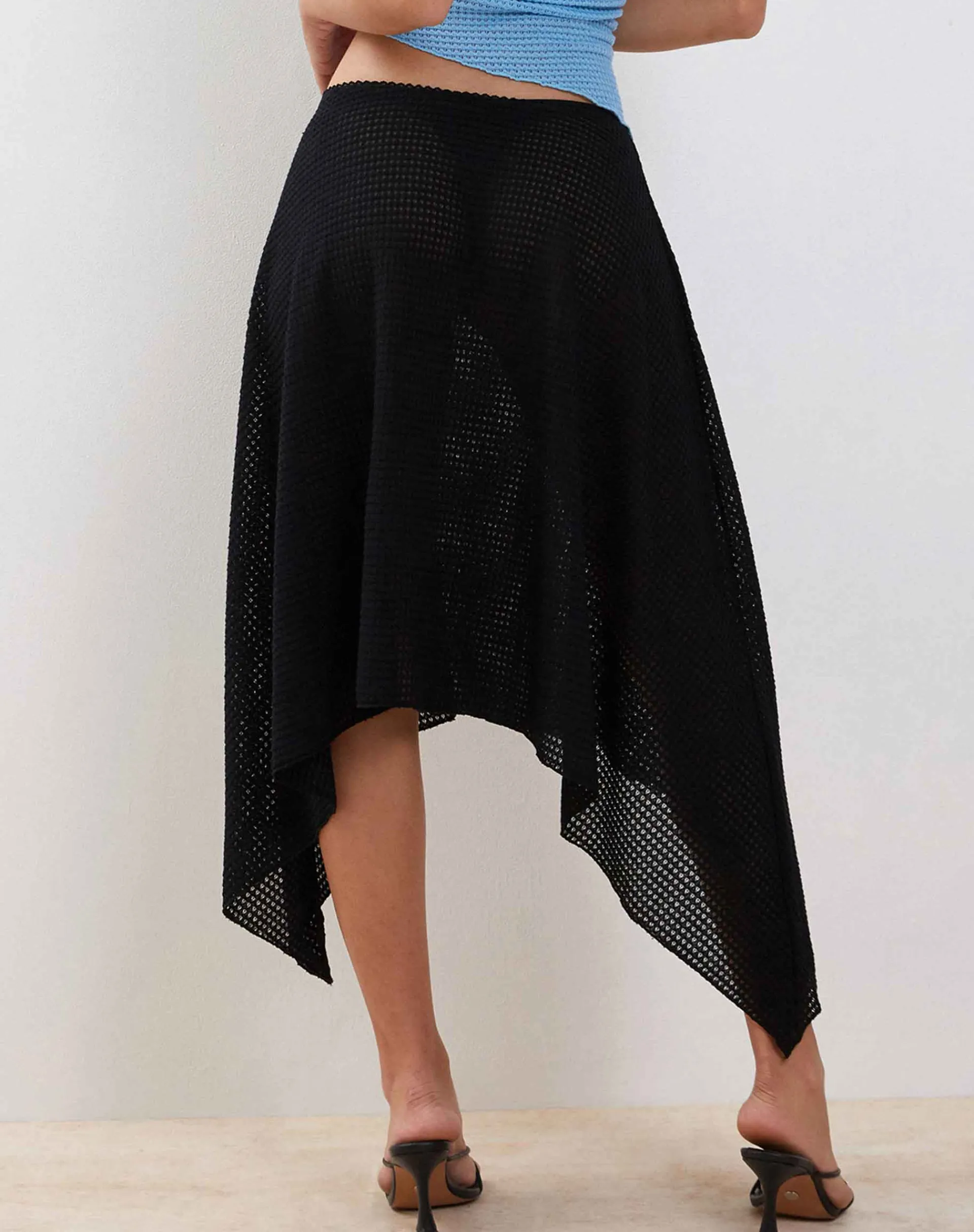Motel Rocks Midi Skirts-Tullia Asymmetric Midi Skirt in Black Crochet