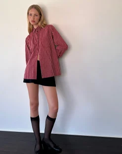 Motel Rocks Shirts And Blouses | Printed Tops-Turner Oversized Shirt in Maroon Stripe maroonstripe